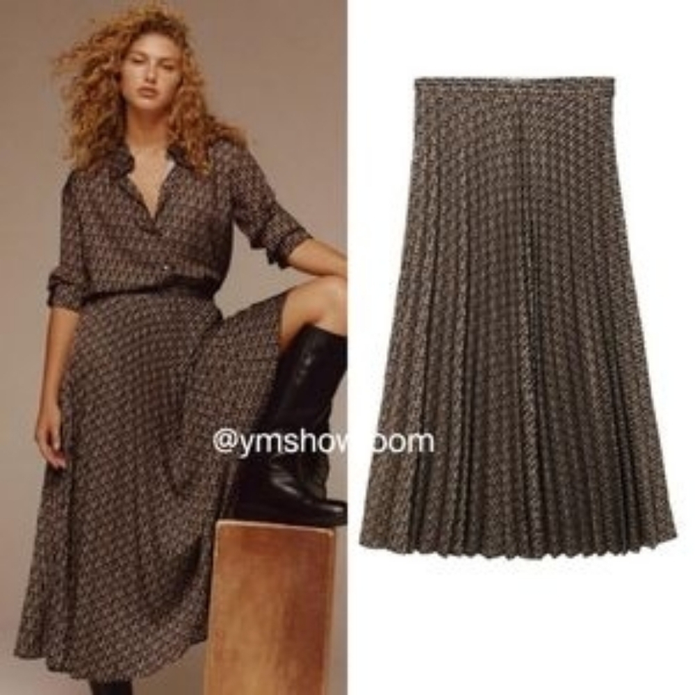 Mango Co-ord Set Monogrammed Shirt + Pleated Midi Skirt Brown sz S Nwt